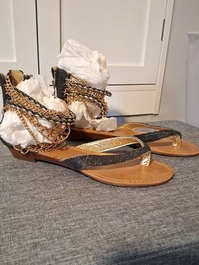 ZIGI SOHO Black and Gold Chain Wrap Women's Sandals